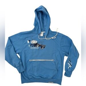 Nike Athletic Blue Hoodie with Graphic Design and zippered front pocket.  Size L